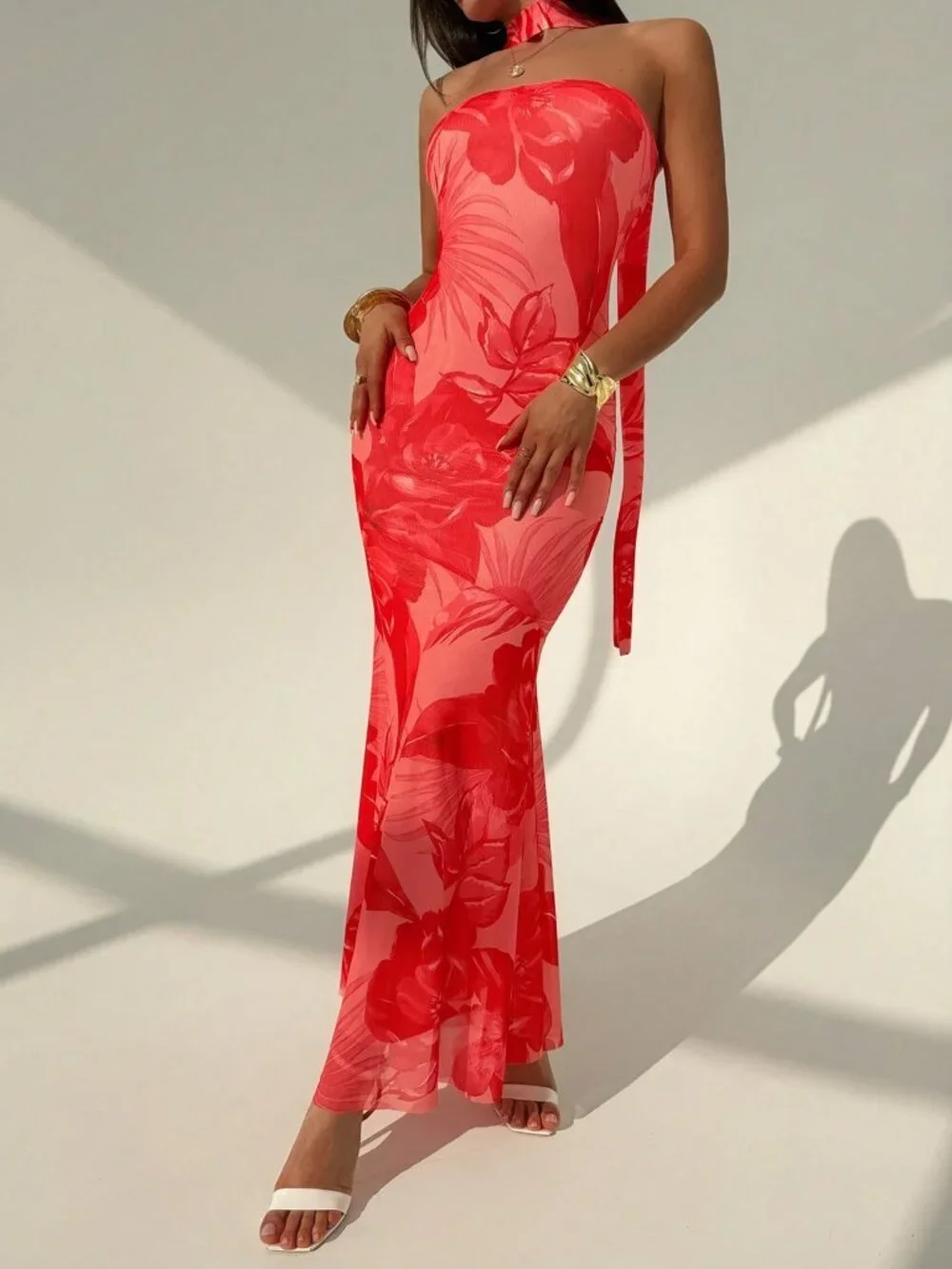 Red Elegant Women's Casual Printed Maxi Dress - Picture 5 of 8